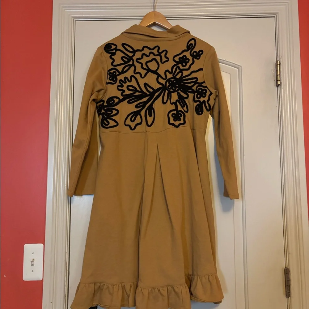 PAPER LACE Tan Coat with Black Floral Embroidery. 100% Cotton. Size Small. - Picture 3 of 7